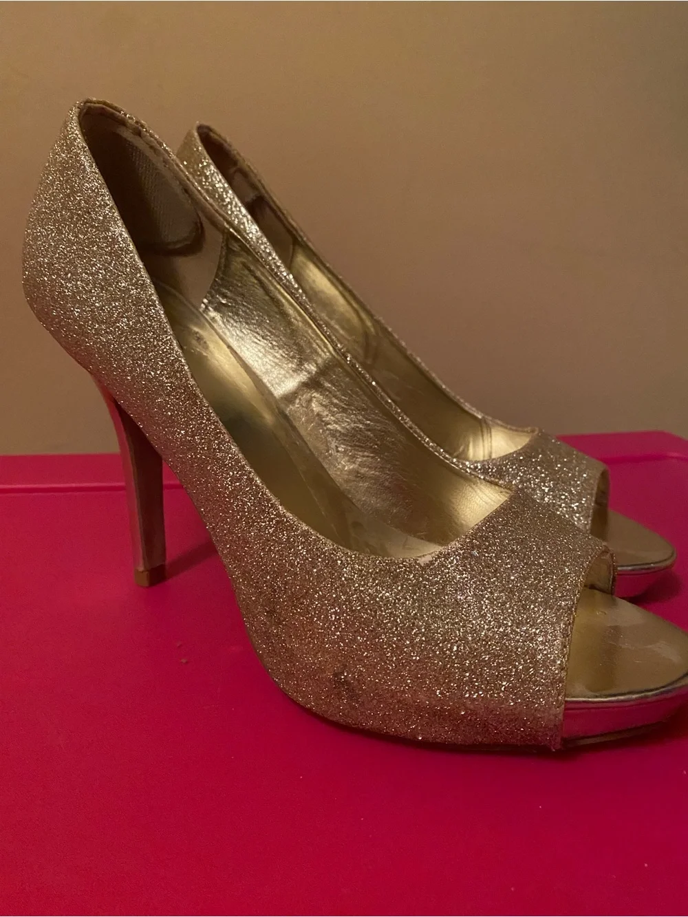 Gold Glitter Peep-Toe High Heels